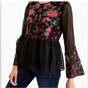 American Eagle Black Blouse with Pink Floral Embroidery- Size medium